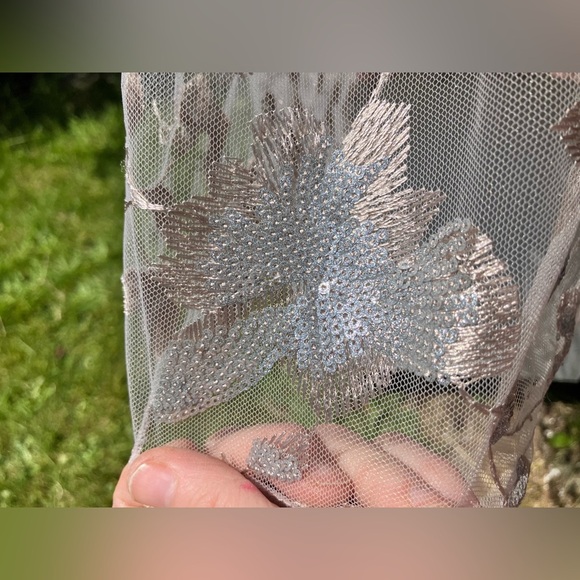 Anne Klein Floral Sequin Lace Mesh Elastic Waist Midi Skirt Pink Silver Sz L - Picture 4 of 15